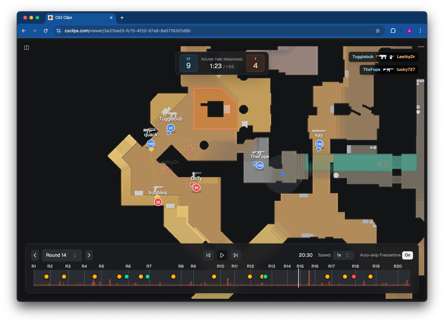 Demo viewer interface with scoreboard, timeline, and controls
