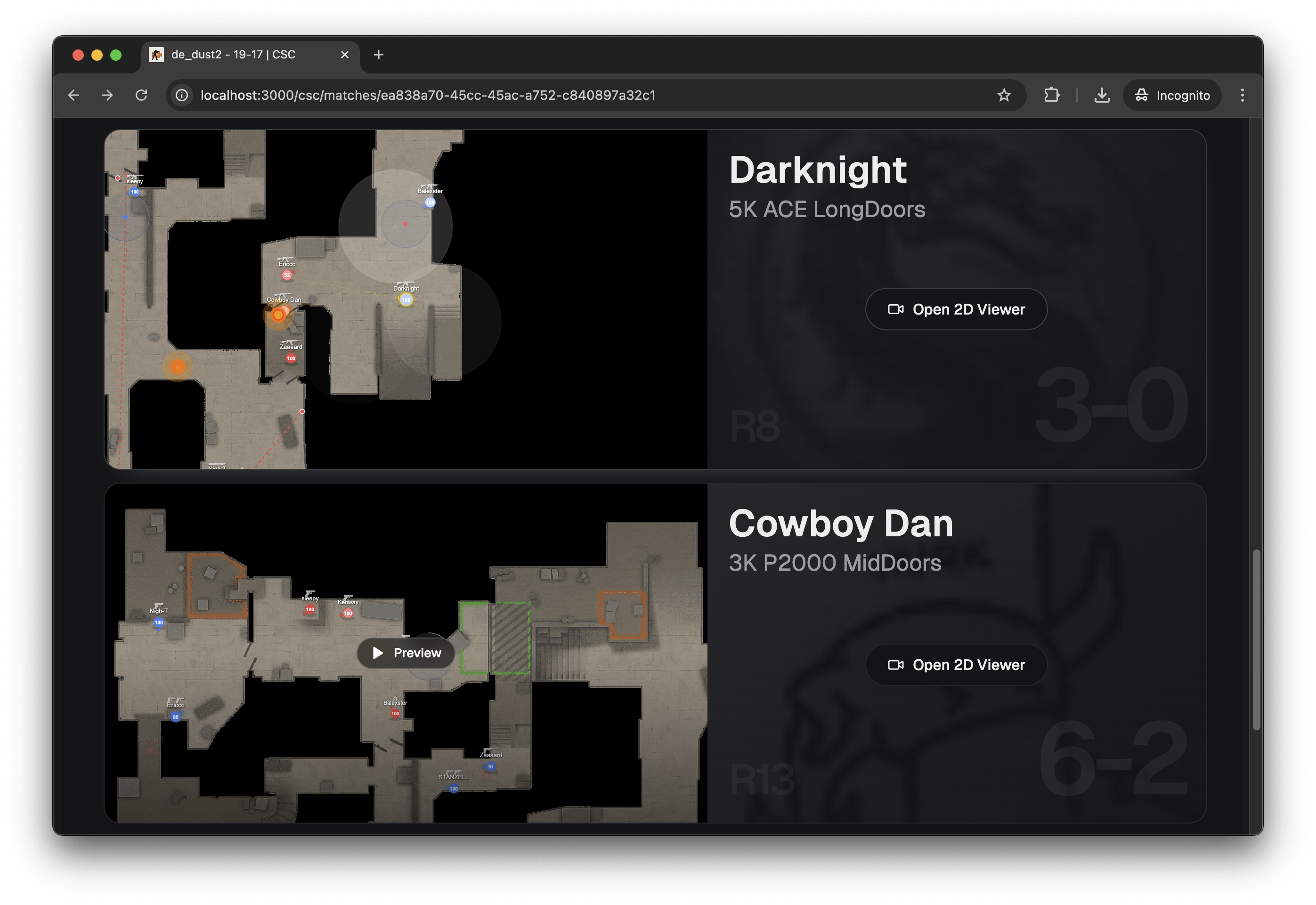 Highlights list showing instant replay cards with mini 2D viewer previews