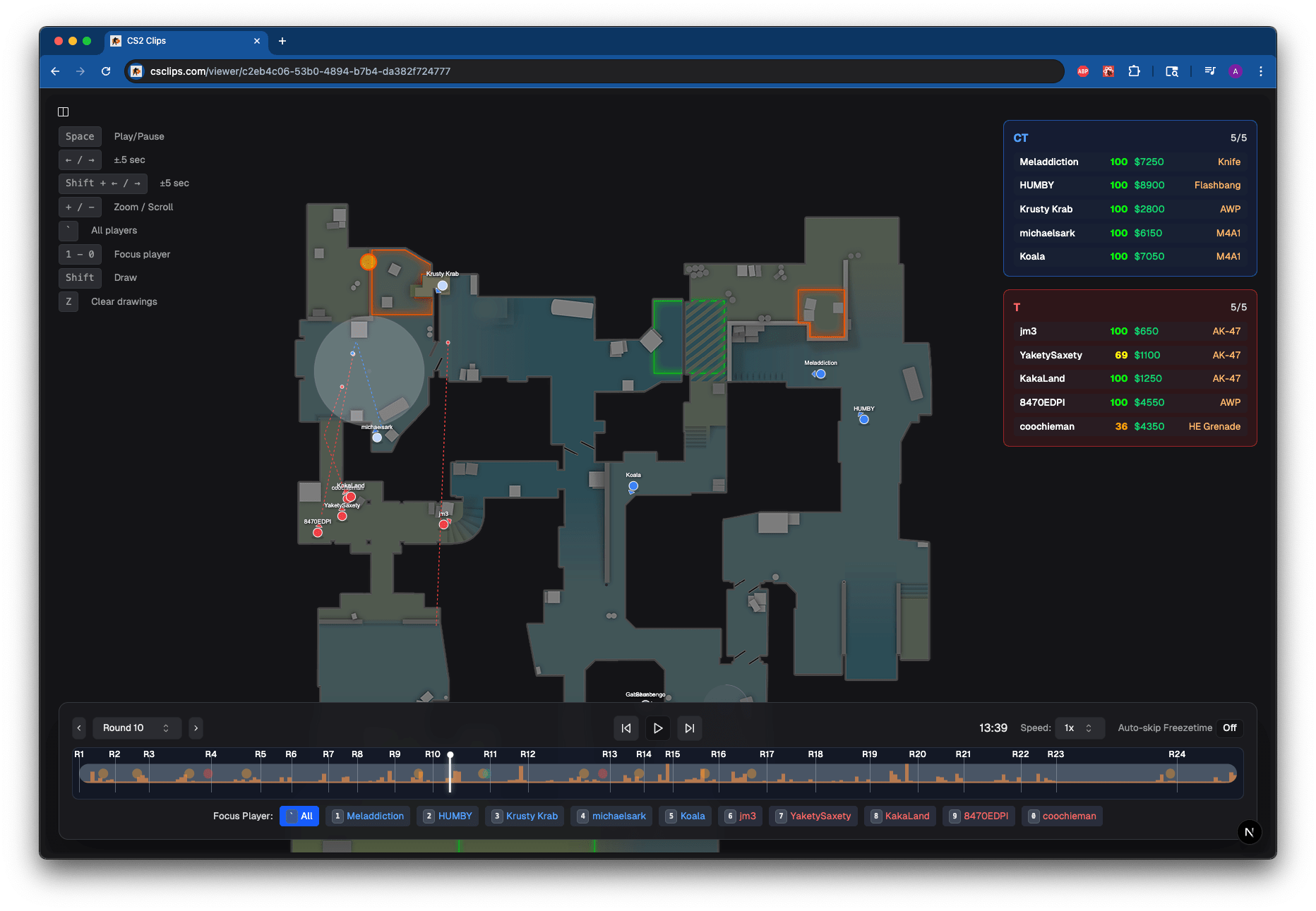 2D Demo Viewer - Interactive CS2 match replay showing player positions, scoreboards, and timeline controls